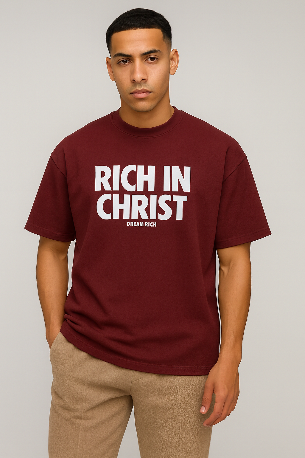 RICH IN CHRIST Maroon Tee – “Faith Runs Deep”