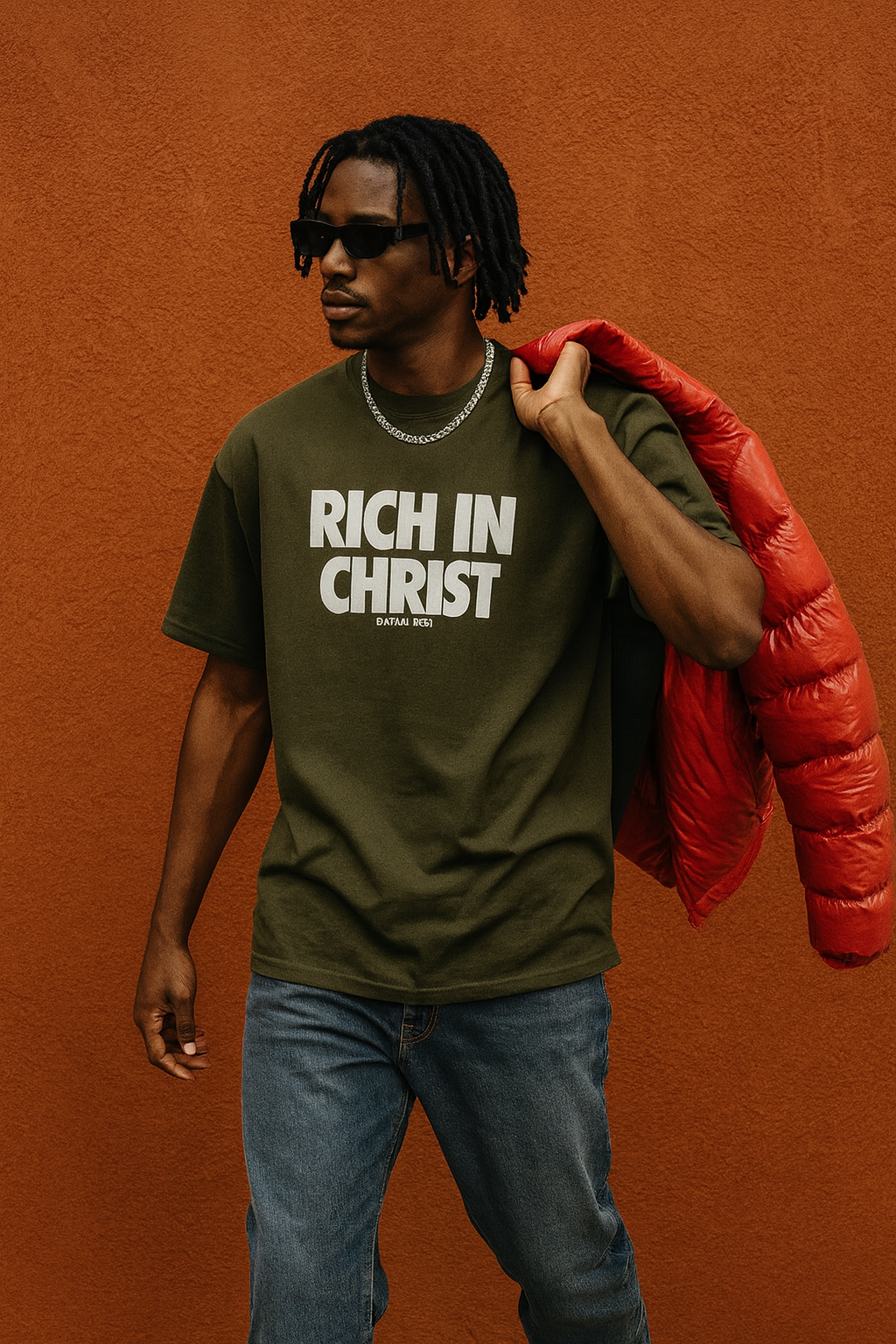 RICH IN CHRIST Military Green Tee – “Battle-Tested Belief”
