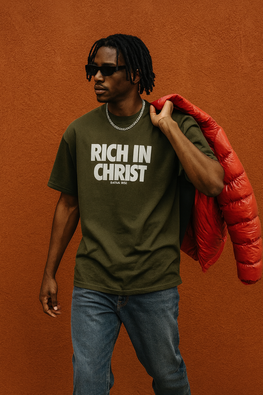 RICH IN CHRIST Military Green Tee – “Battle-Tested Belief”