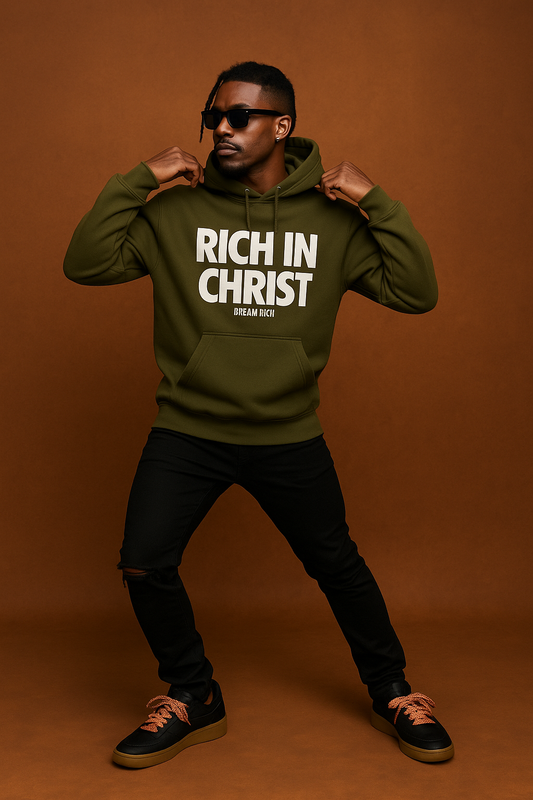 RICH IN CHRIST Military Green HOODIE – “Strength in Style”