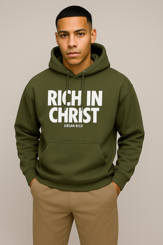 RICH IN CHRIST Military Green HOODIE – “Strength in Style”