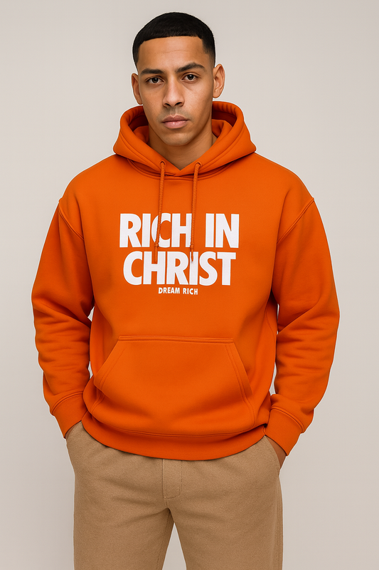 RICH IN CHRIST Orange HOODIE – “Vision in Motion”